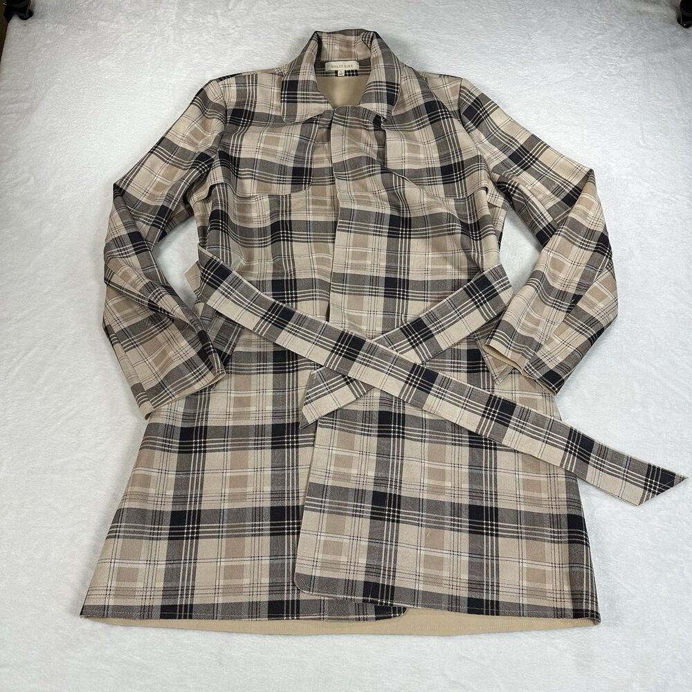 Solitaire Womens Plaid Wrap Coat Jacket Beige Black Belted Size Large